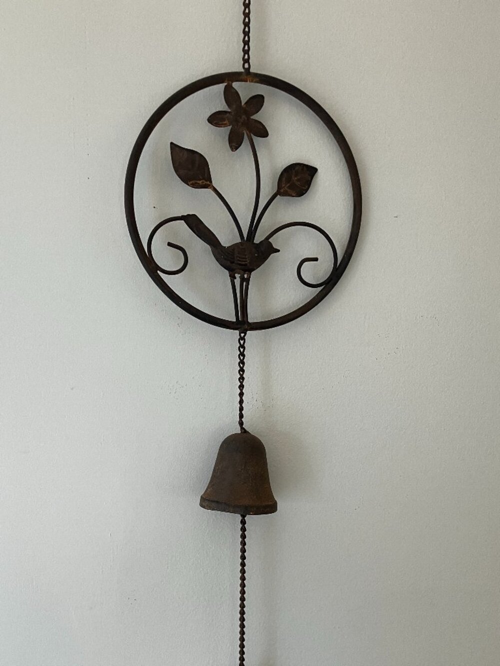 Garden Wind Chime Cast Iron Bell Bird in Ring Patio Decor